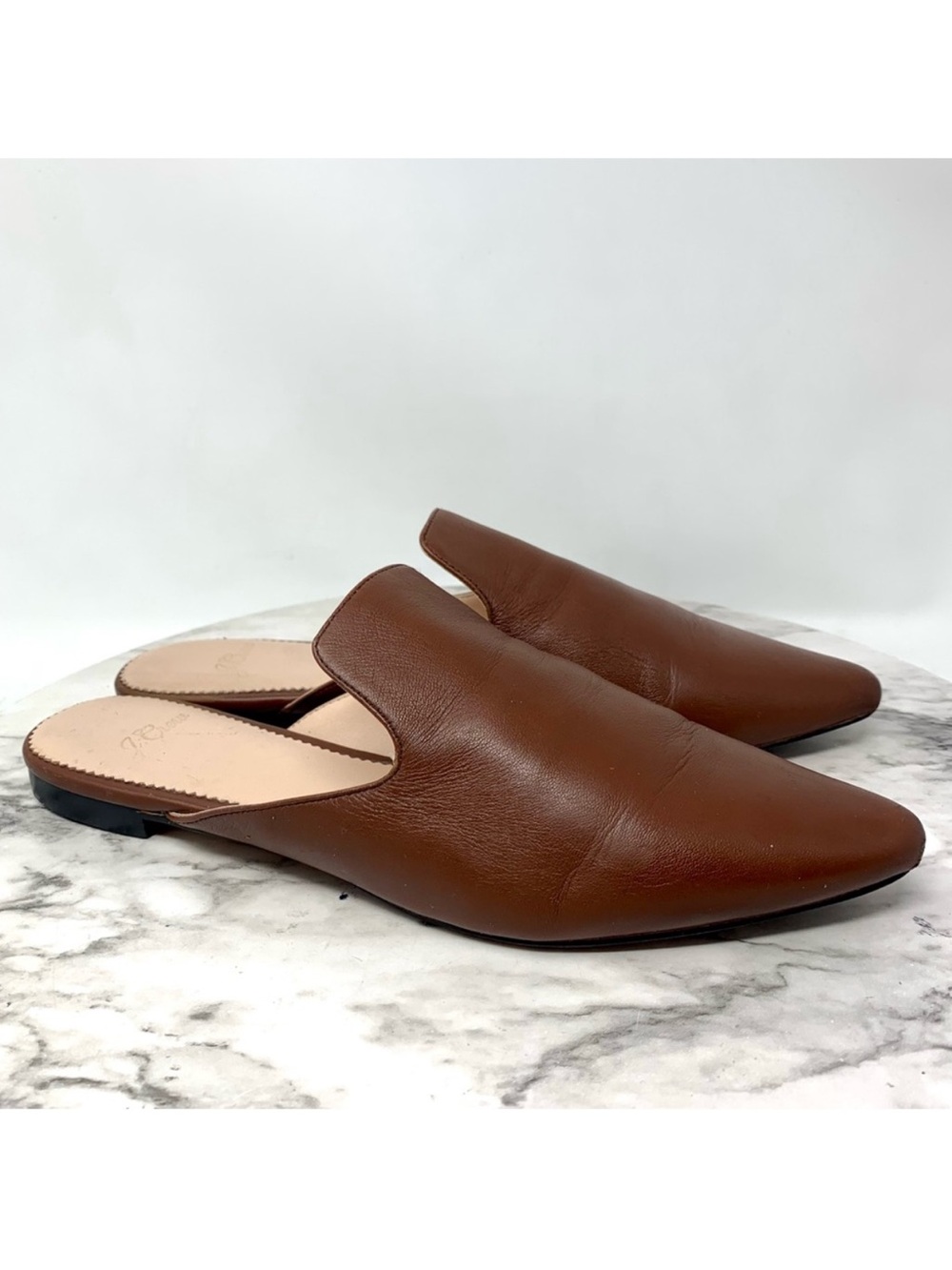 J.Crew Marina Pointed Toe Brown Leather Slides 7 Classic Quiet Luxury Preppy